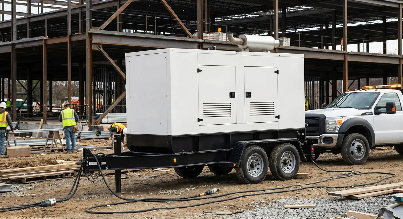 A rugged 100kW towable generator positioned on a dusty construction site near a steel framework, with yellow heavy-duty cables running toward the structure. in Stonecrest, GA