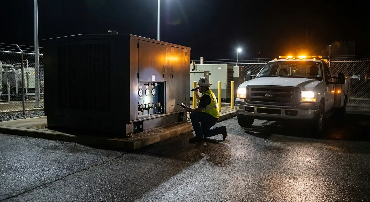 Nighttime shot of a fuel technician monitoring a flow meter while refueling a massive white standby generator enclosure near a secure building. in Stonecrest, GA