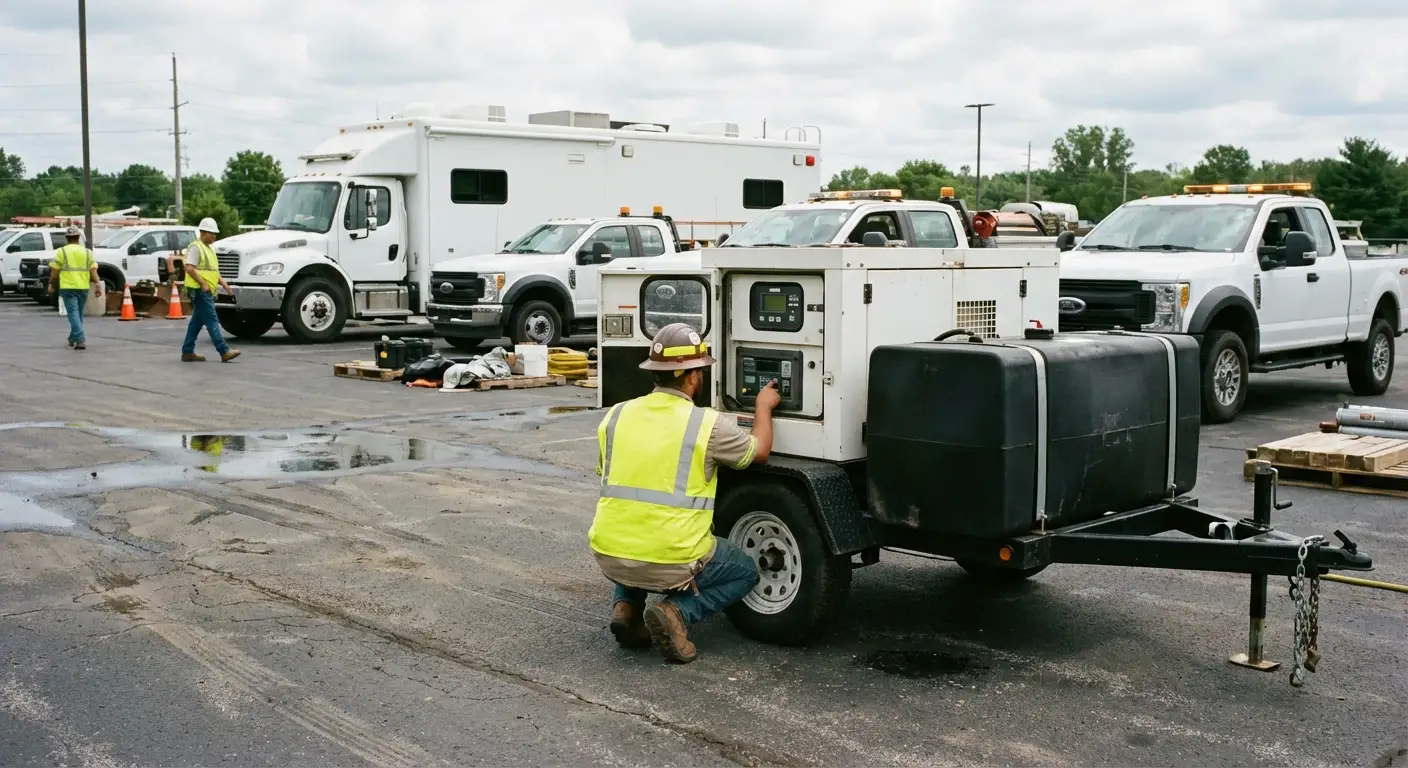 A high-angle shot of an emergency response staging area with a large black mobile command vehicle (bus style); a white industrial generator sits adjacent, with a technician checking the control panel. in Stonecrest, GA