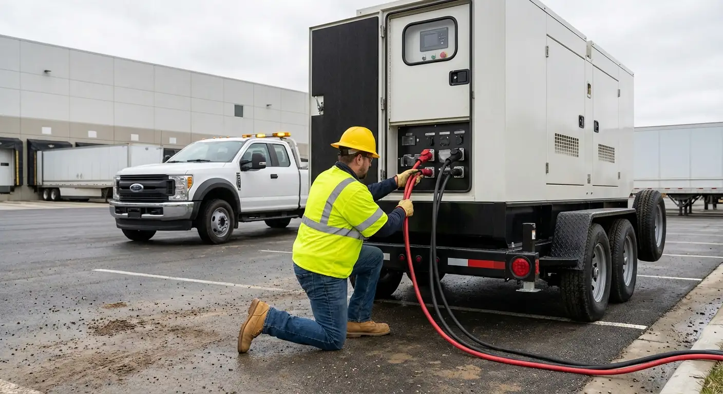 A 500kW mobile generator parked next to a large modern distribution center loading dock at dusk, powering temporary floodlights and equipment. in Stonecrest, GA