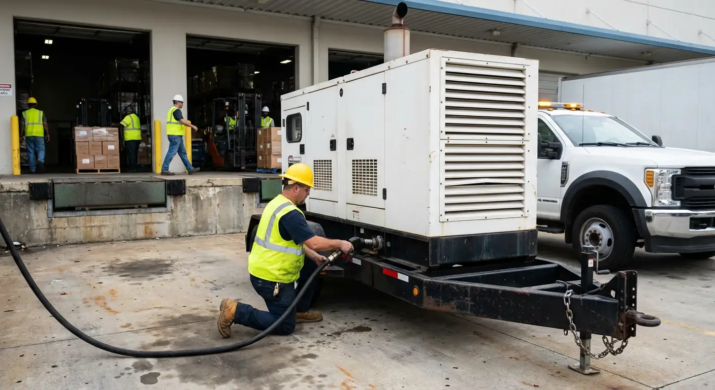 A commercial fuel bobtail truck parked next to a large industrial generator at a busy warehouse loading dock, filling the tank. in Stonecrest, GA