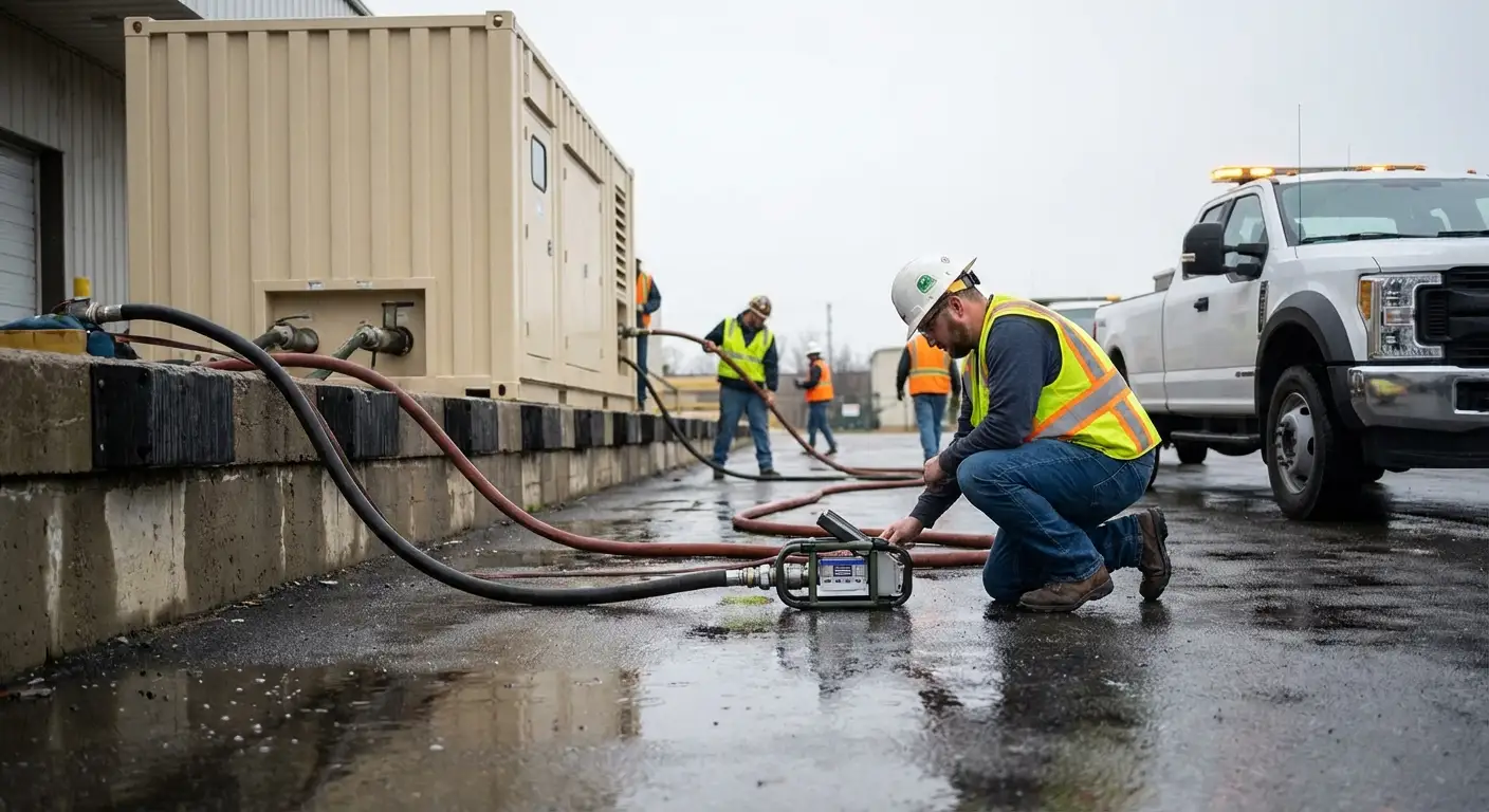 A massive 500kW containerized generator parked in a commercial loading dock during a rainy evening, with a fuel truck parked alongside extending a hose. in Stonecrest, GA