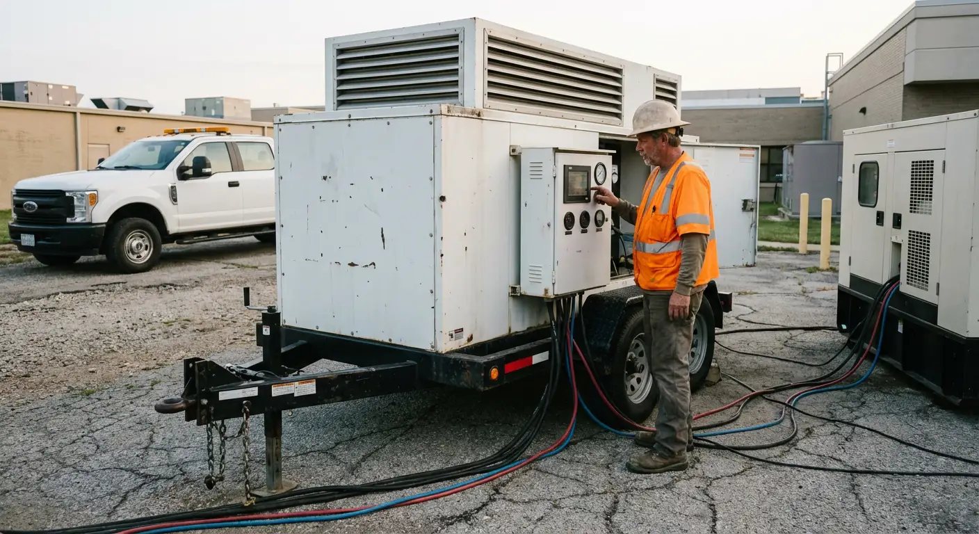 Technician in high-visibility gear adjusting controls on a portable load bank unit stationed outside a hospital utility bay at dawn. in Stonecrest, GA