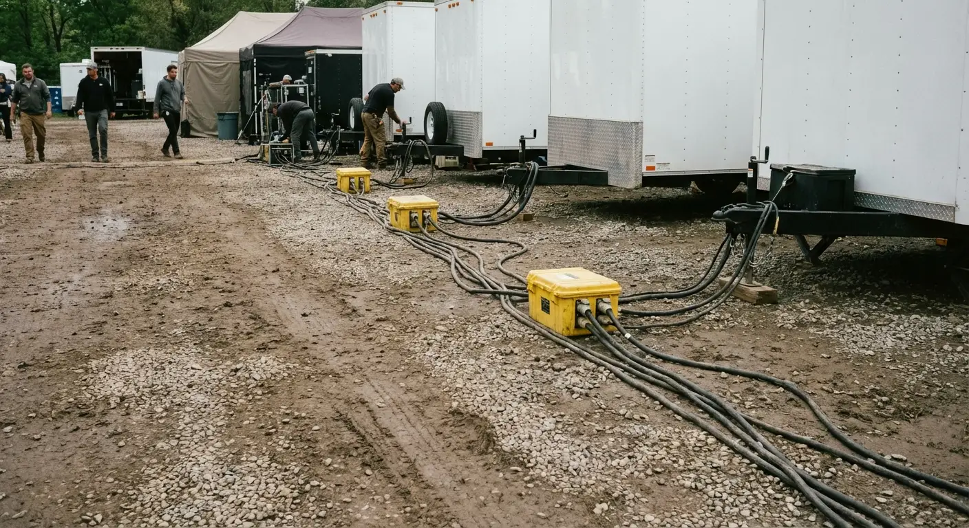 A behind-the-scenes view of a film production base camp; a row of white talent trailers is visible, with yellow cable ramps protecting heavy-duty power cables running along the ground. in Stonecrest, GA