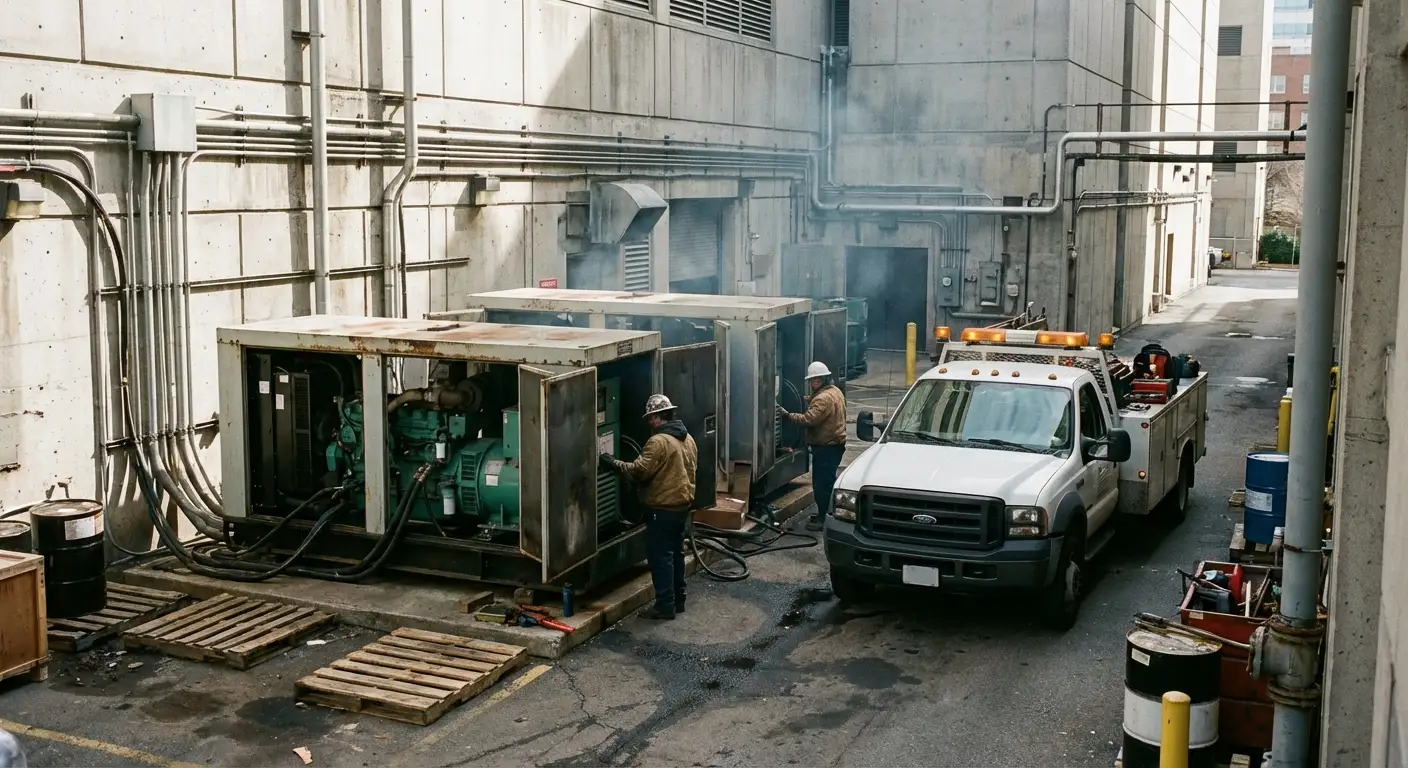 Two large white industrial generators connected in parallel outside a hospital utility building, with thick black cabling running into the facility. in Stonecrest, GA