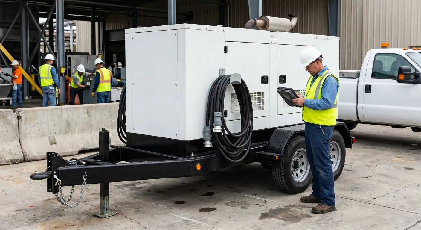 A technician checking the control panel of a towable generator stationed outside a brick factory building during the day, with industrial conduit visible. in Stonecrest, GA