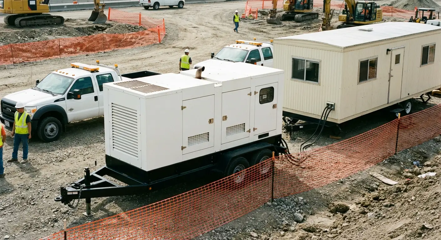 A rugged construction site setting featuring a beige mobile office trailer; in the foreground, a towable 40kW diesel generator is stationed on gravel, connected via thick black cabling to the trailer's power inlet. in Stonecrest, GA