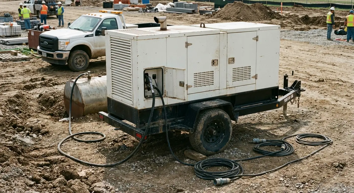 Early morning on a construction site, a fuel hose extending from a truck to a yellow towable generator sitting on gravel. in Stonecrest, GA