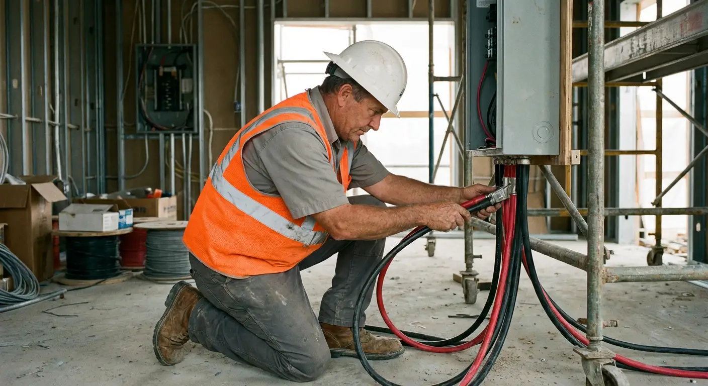 Close-up of heavy-gauge cam-lock cables being connected from a load bank to a building's main distribution panel. in Stonecrest, GA