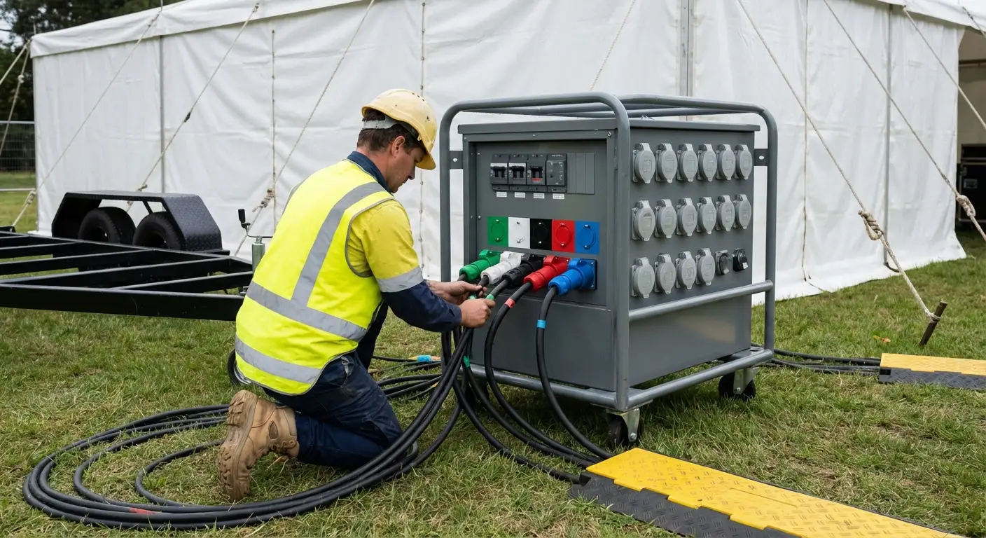 A sleek, white commercial generator placed discreetly behind a hedge at an outdoor event, connected to a distribution panel and spider boxes near a white tent. in Stonecrest, GA